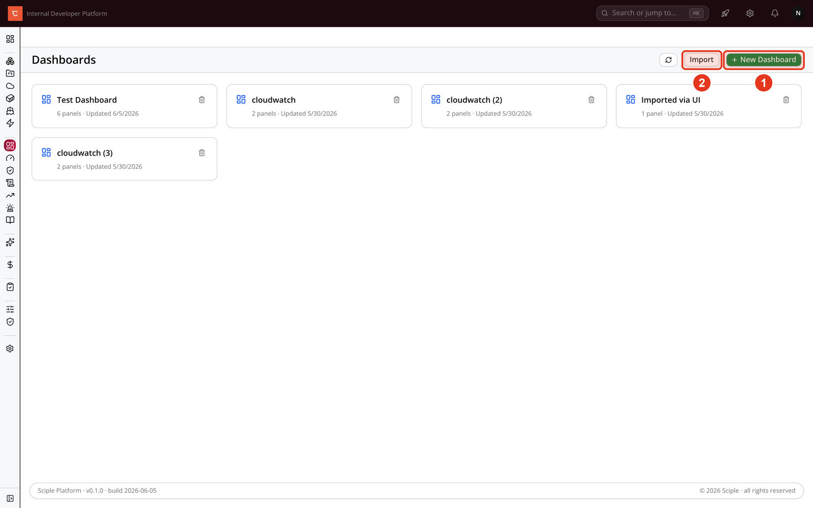 The Dashboards list with cards for existing dashboards. New Dashboard and Import are marked in the top right.