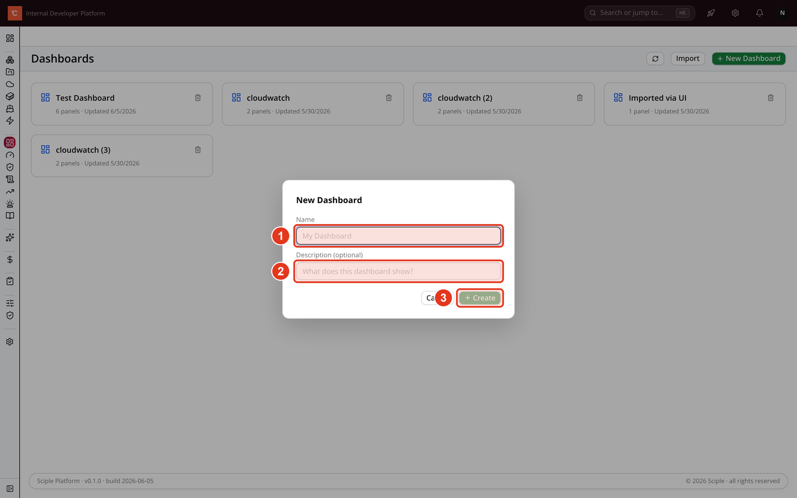 The New Dashboard dialog with Name and Description fields and a Create button.