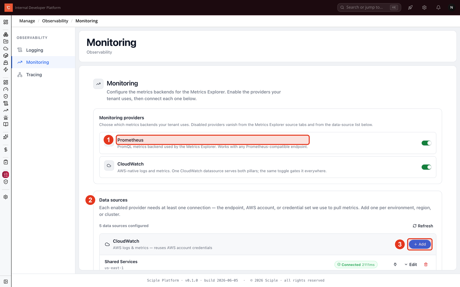 Manage Observability Monitoring tab showing provider toggles and the data sources list.