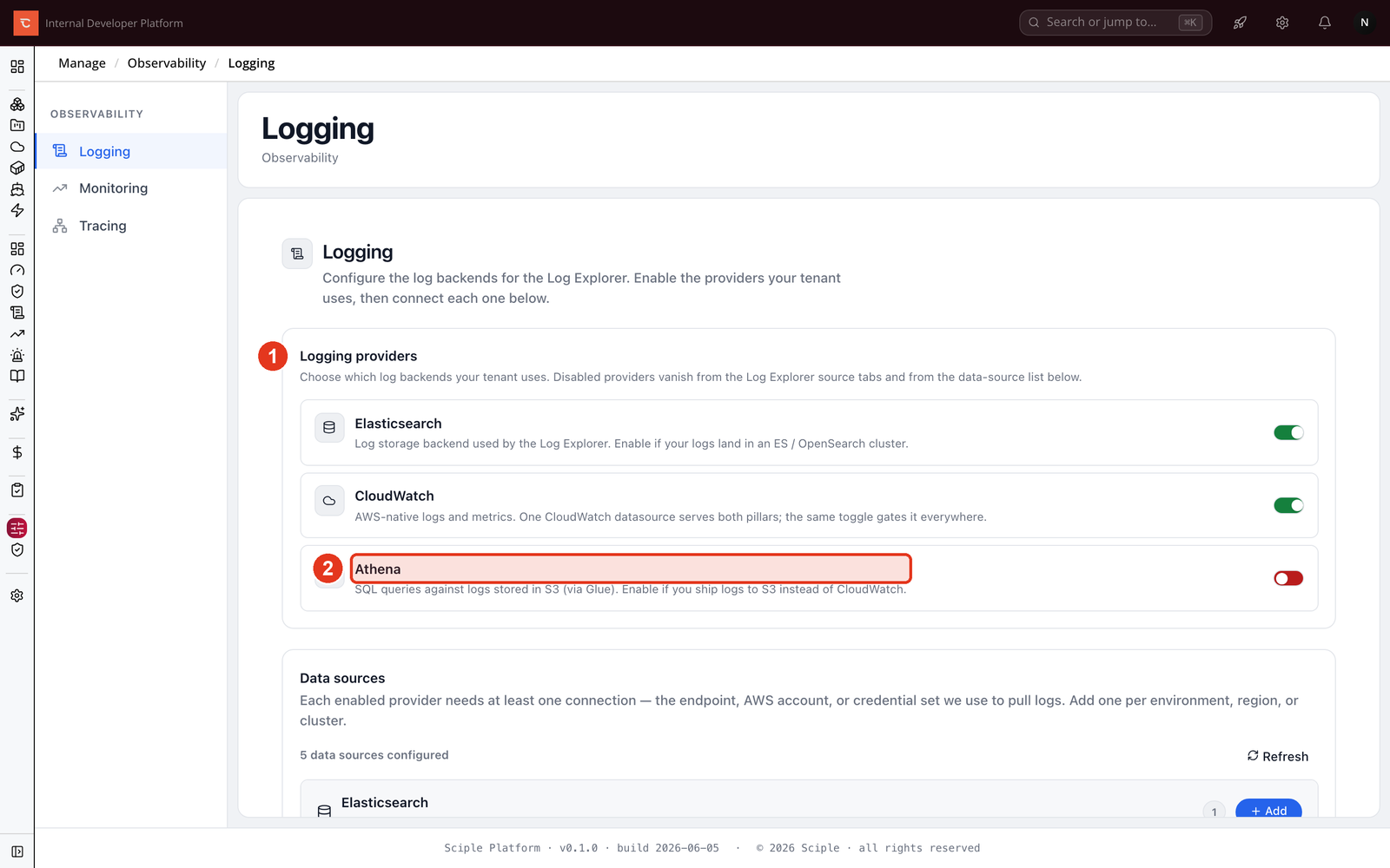 The Logging tab with Elasticsearch and CloudWatch enabled and Athena switched off.
