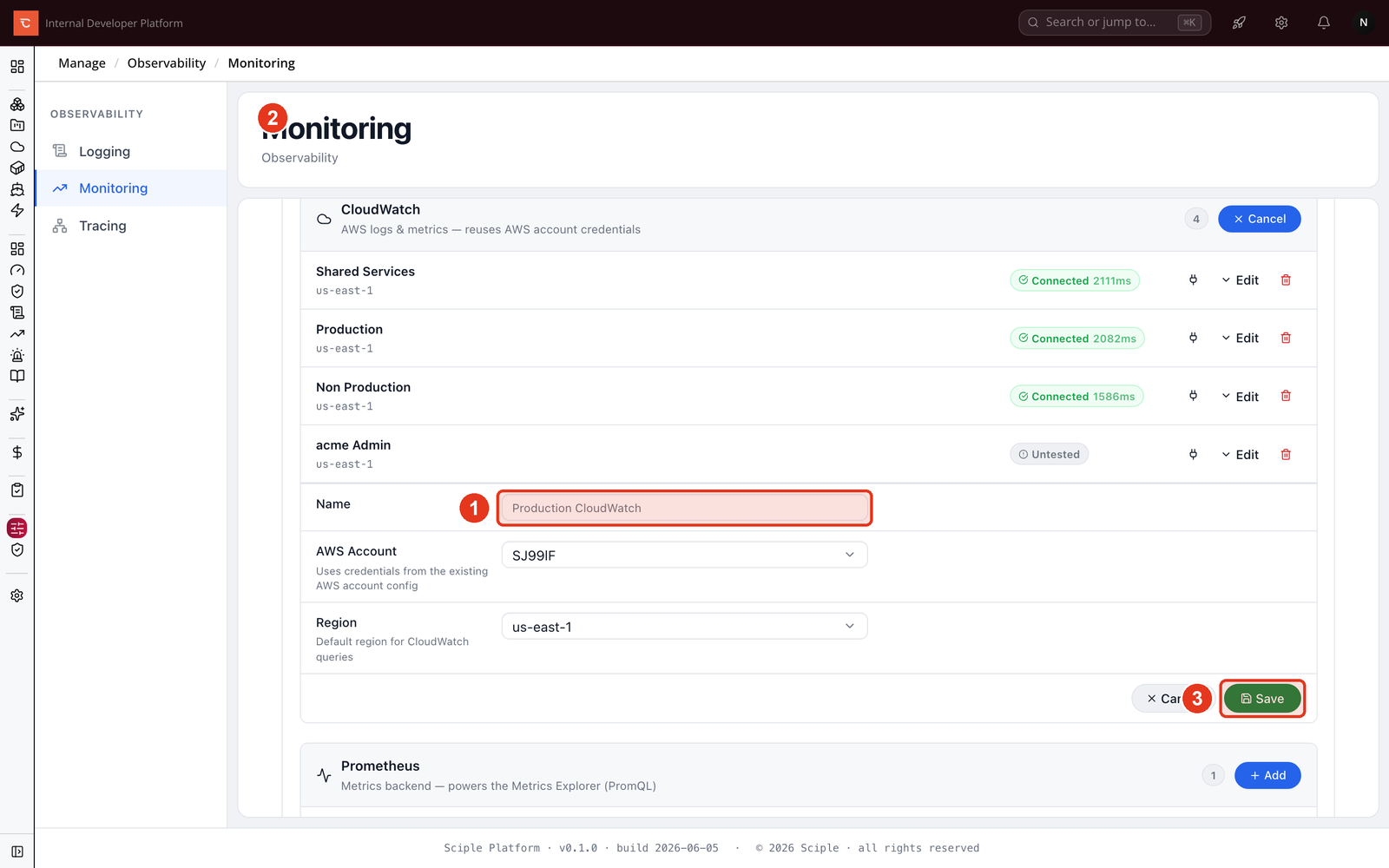 The CloudWatch connection form with Name, AWS Account, and Region fields and a Save button.