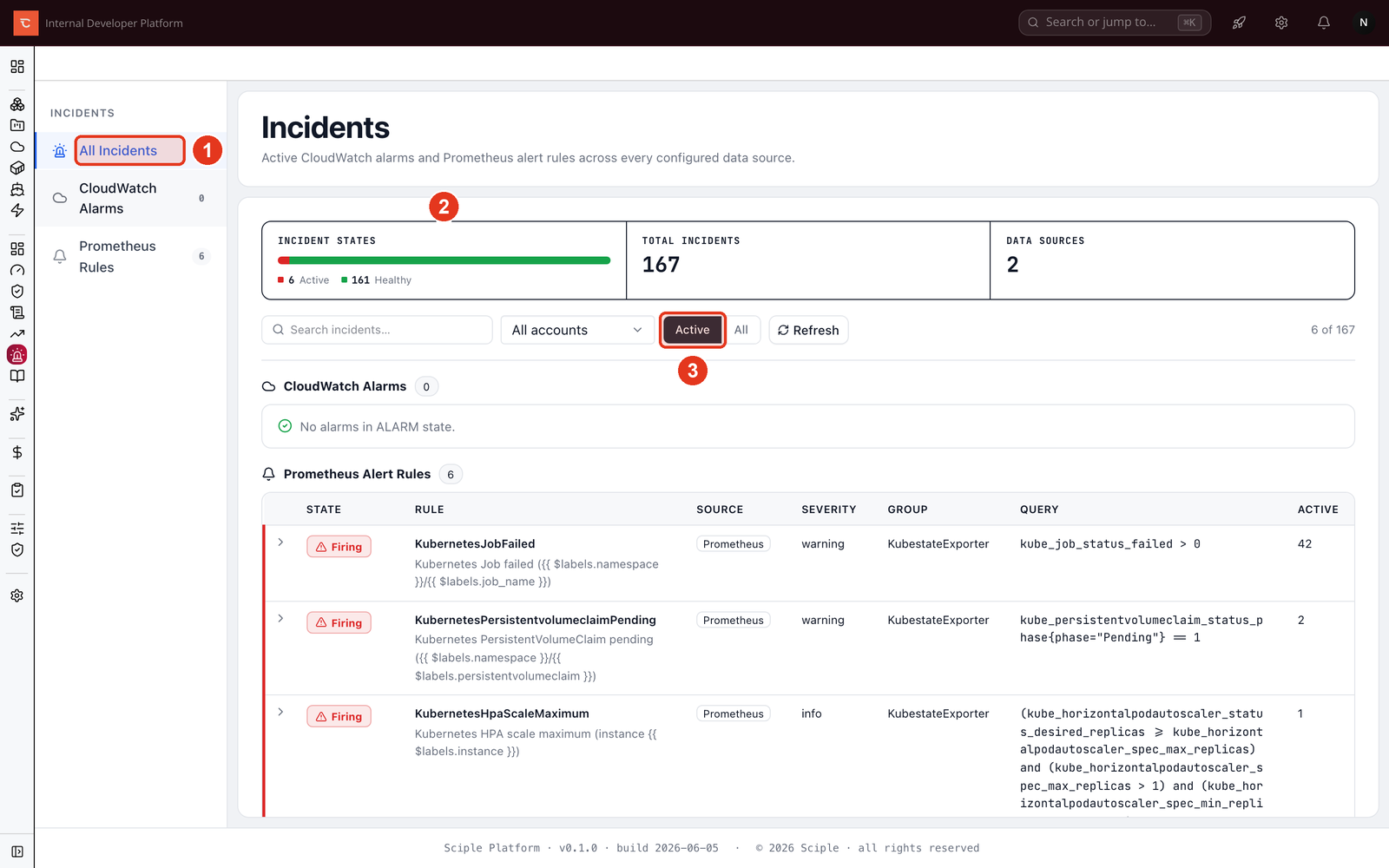 The combined incidents view with summary cards and a table of firing Prometheus alert rules.