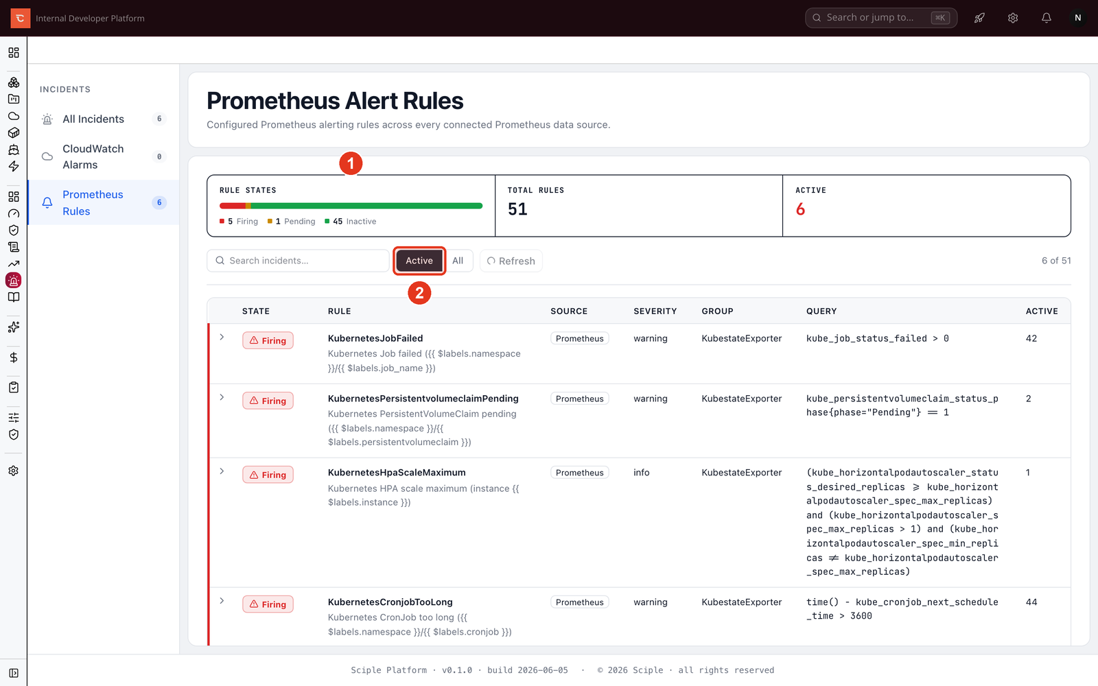 The Prometheus alert rules table showing firing rules with severity, group, and query.
