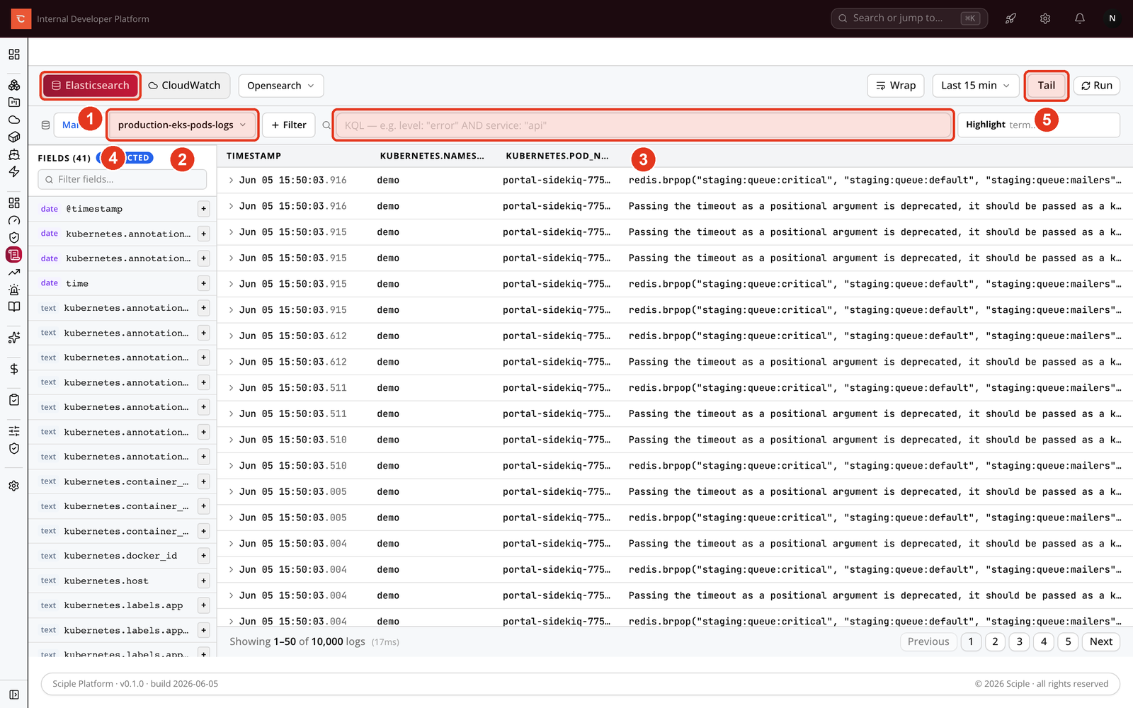 The Elasticsearch log explorer with an index pattern, a filter box, a fields panel, and a results table.