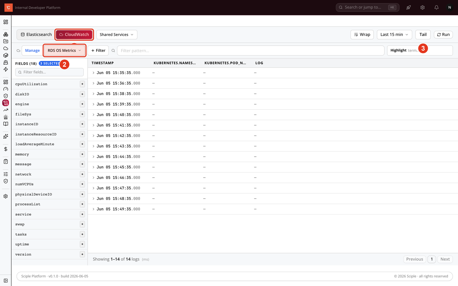 The CloudWatch log explorer with a log group selector, filter pattern, and fields panel.