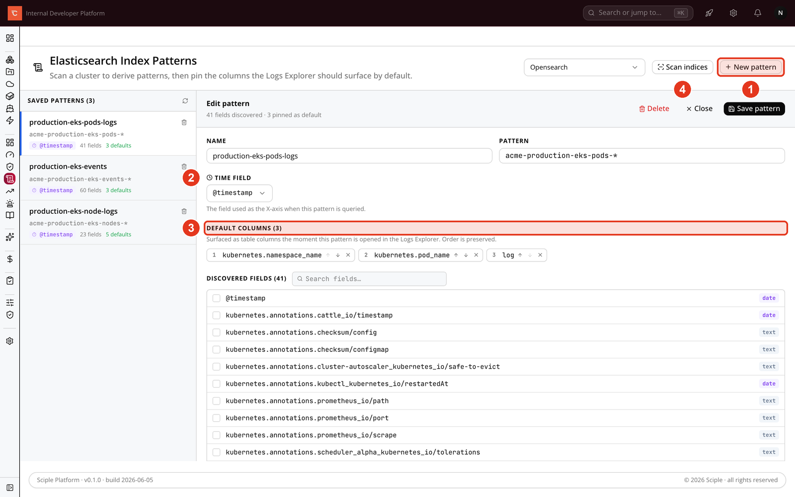 The Elasticsearch index patterns editor with name, pattern, time field, default columns, and discovered fields.