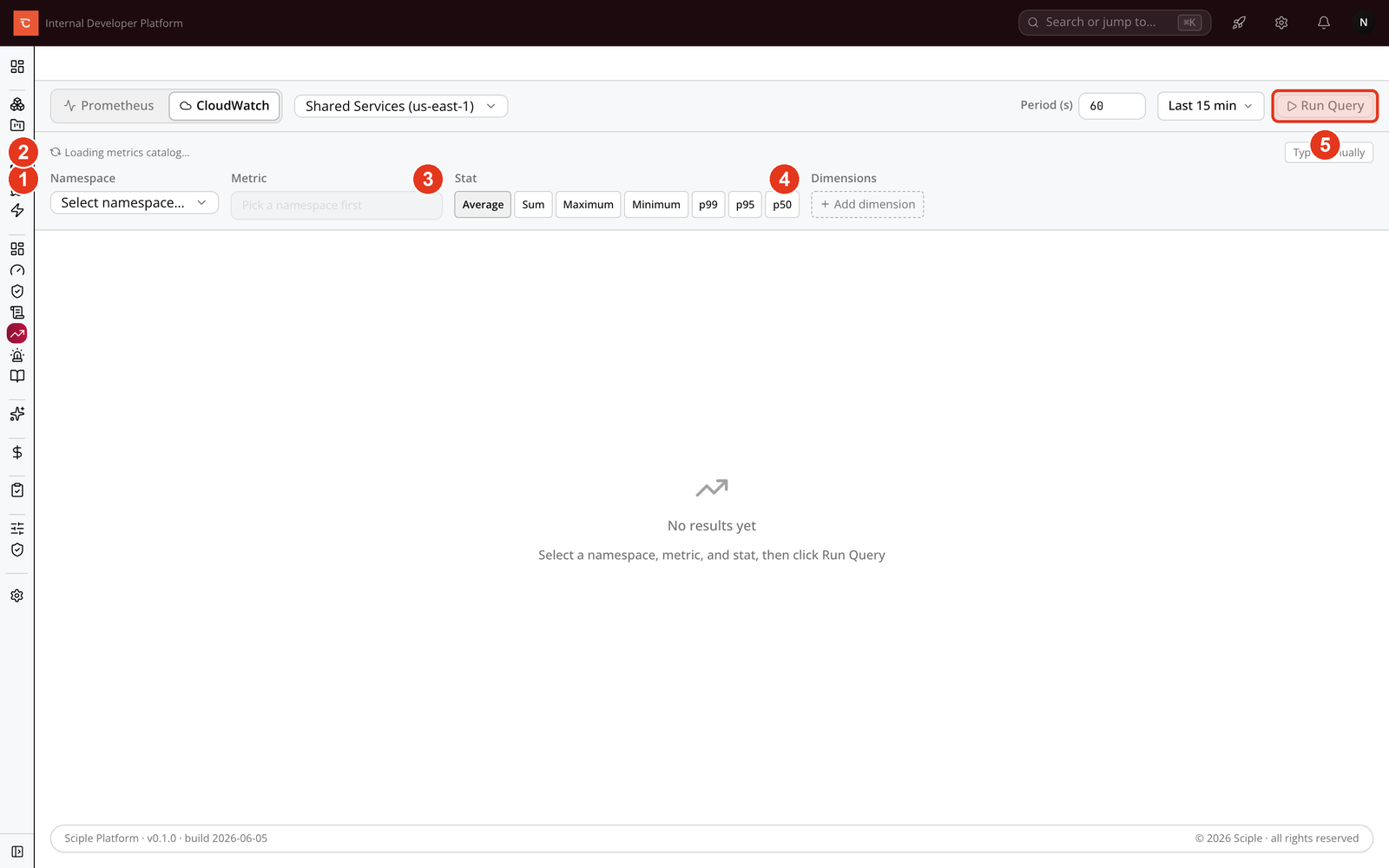The CloudWatch metric builder with namespace, metric, statistic, and dimensions controls.